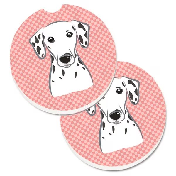 Checkerboard Pink Dalmatian Set of 2 Cup Holder Car Coaster, Carolines Treasures, Mfr#: BB1210CARC